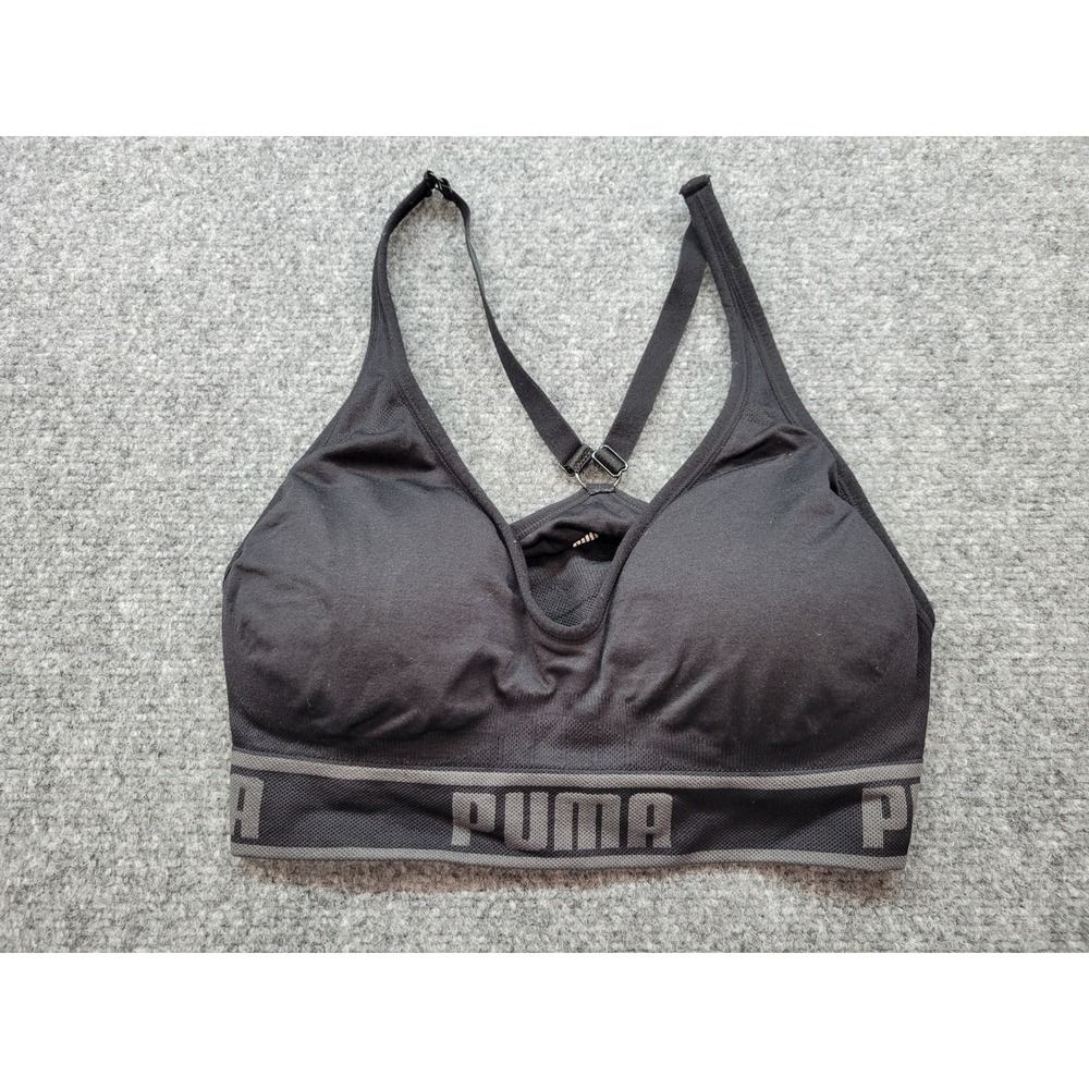 Puma Black Seamless Adjustable Strap Sports Bra Large Logo Band Activewear